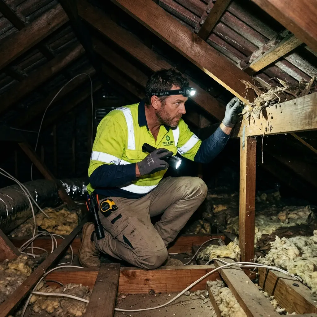 Technician inspecting a roof cavity for a dead animal in Mitcham