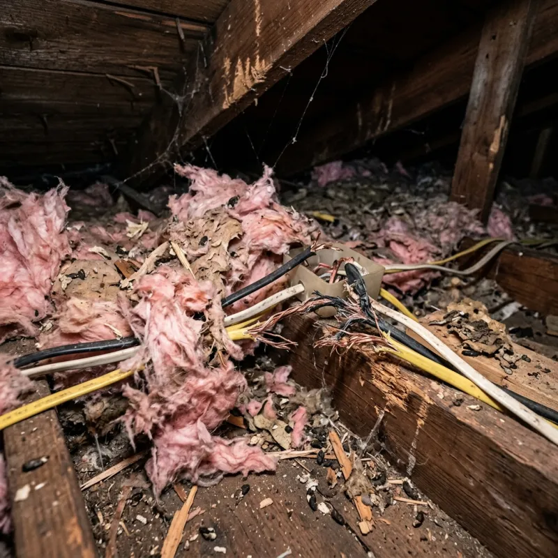Contaminated ceiling insulation being assessed in a Mitcham roof space